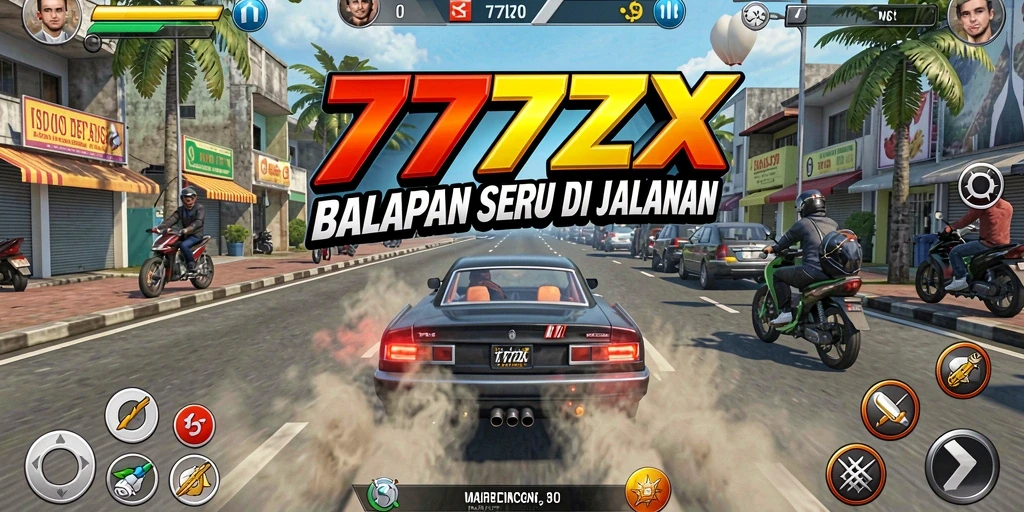 Screenshot menampilkan balapan seru di trek kota dengan mobil cepat.