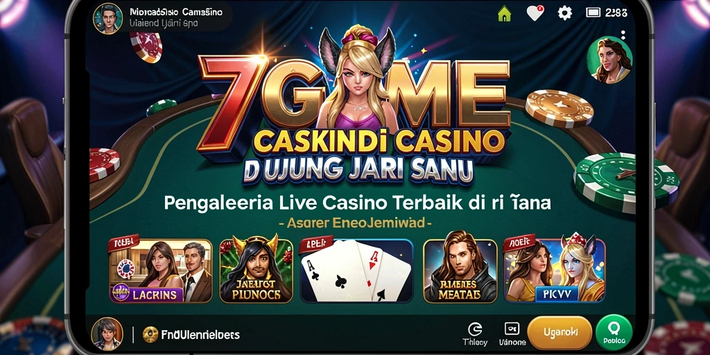 Screenshot 7GAME menampilkan dealer cantik dan gameplay Live Casino.