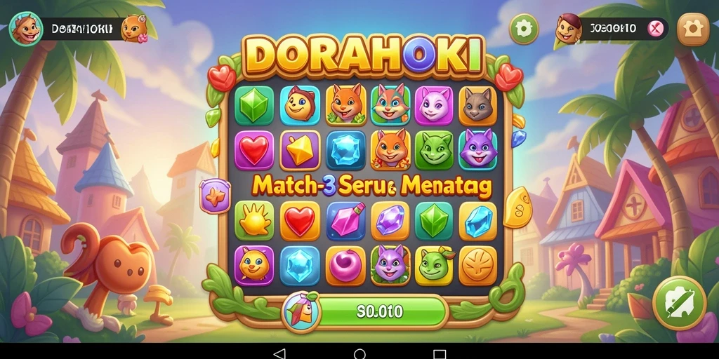Gameplay DORAHOKI menunjukkan kombinasi warna cerah dalam level match-3.