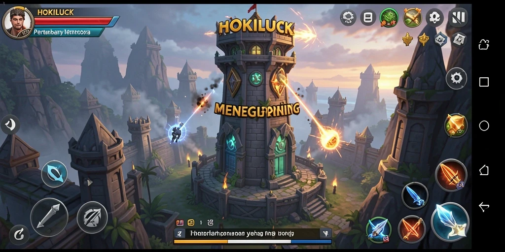 Tangkapan layar HOKILUCK menampilkan aksi menara pertahanan yang seru.
