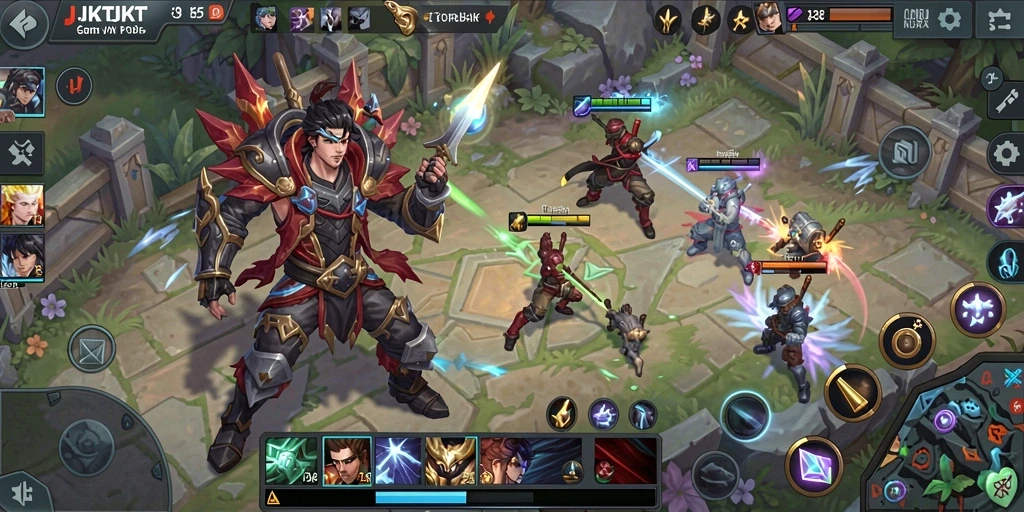 Tampilan gameplay JKTJKT yang menegangkan dalam pertarungan MOBA.