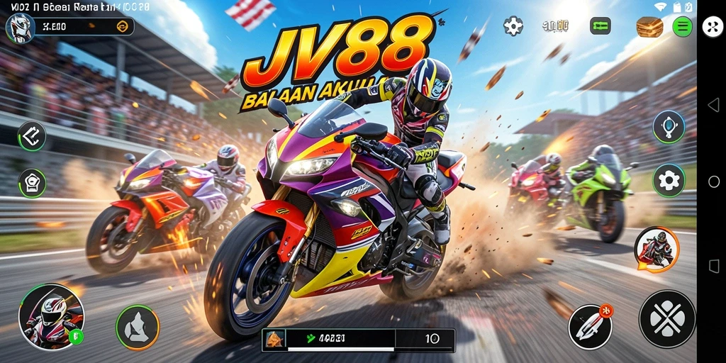 Screenshot gameplay JV88 menunjukkan balapan motor yang mendebarkan dan visual yang menakjubkan.
