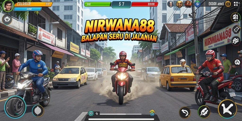 Screenshot gameplay NIRWANA88 menampilkan balapan seru yang menegangkan.