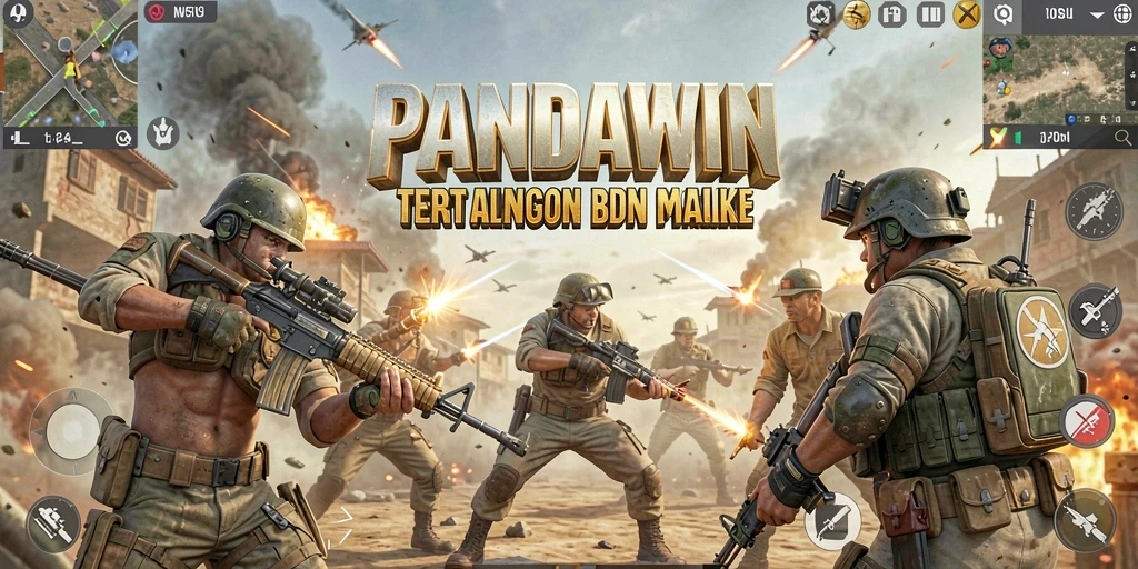 Tangkapan layar utama PANDAWIN menampilkan aksi seru dalam pertempuran Battle Royale.