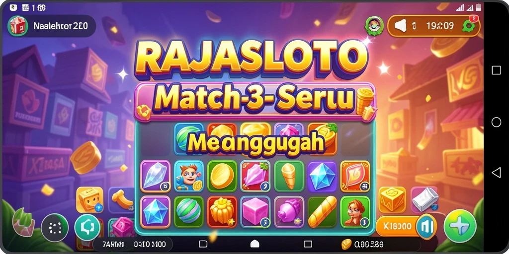 Tampilan gameplay seru RAJASLOTO dengan elemen Match-3 yang berwarna-warni.