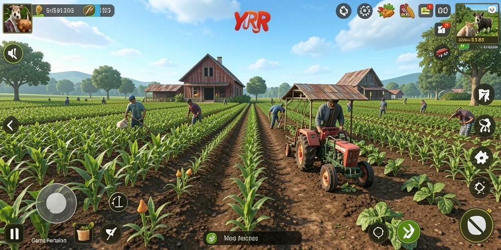 Screenshot XX menunjukkan pemain mengelola ladang pertanian dengan berbagai tanaman.